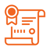 Orange icon of a certificate or diploma scroll with a ribbon and text, representing certification or achievement