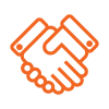 Orange line art icon of two hands shaking, symbolizing partnership, agreement, or collaboration.